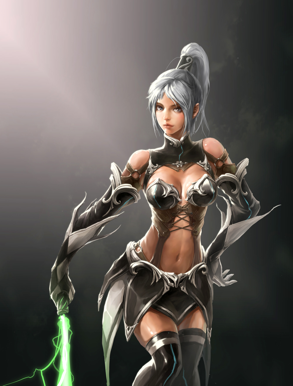 cleavage_cutout copyright_request energy_weapon hands_on_hips high_ponytail highres lips solo thighhighs tooboo whip white_hair