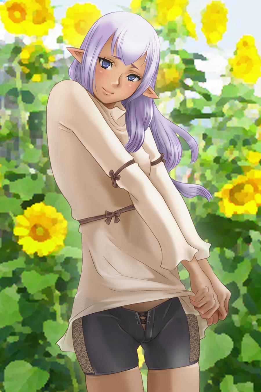 bike_shorts breasts covered_nipples elf elvaan fe final_fantasy final_fantasy_xi flower highres lips looking_at_viewer medium_breasts midriff pointy_ears prishe purple_eyes purple_hair see-through shirt_lift skindentation smile solo standing sunflower