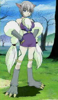 canine chest_tuft claws clothing collar ear_piercing female fur grass gray_fur grey_fur hair mammal ouka ouka_(character) outside pelt piercing purple_clothes purple_clothing short_hair shorts silver_hair skin_markings solo standing tree tuft white_skin wolf wood