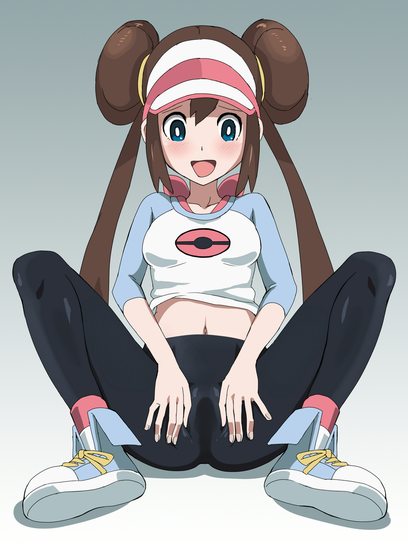 :d anus blue_eyes blush brown_hair double_bun full_body knees_up long_hair looking_down mei_(pokemon) midriff navel open_mouth pantyhose pokemon pokemon_(game) pokemon_bw2 pussy raglan_sleeves rayphenos shoes simple_background skin_tight smile sneakers solo spread_legs spread_pussy_under_clothes visor_cap