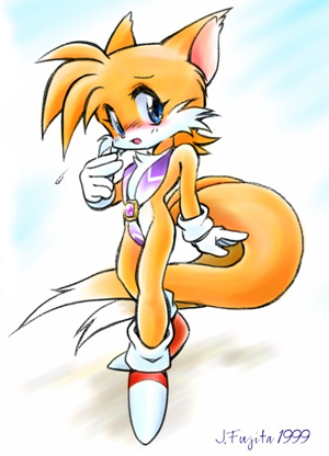 bikini blue_eyes blush canine clothed clothing crossgender female flat_chested fox fur gender_swap gloves j_fugita looking_at_viewer mammal miles_prower multiple_tails plain_background pointing pointing_at_self sega shoes skimpy solo sonic_(series) standing swimsuit white_background white_fur yellow_fur