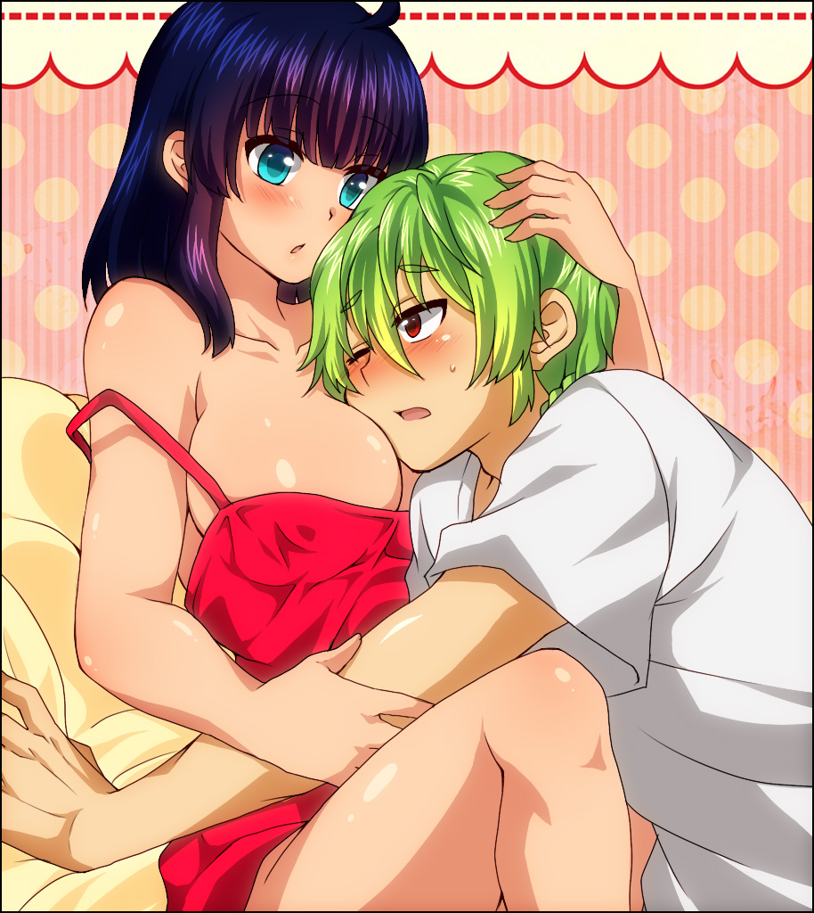 1girl ahoge arm_holding bad_id bad_pixiv_id blue_eyes blue_hair blush breasts collarbone couple gradient_hair green_hair head_hug head_on_chest hetero jinguu_shion kamihara_ichi large_breasts multicolored_hair natsu_hotaru one_eye_closed open_mouth original purple_hair red_eyes red_skirt shirt short_hair skirt strap_slip white_shirt