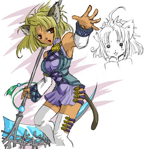 animal_ears animal_tail blonde_hair blue_clothes blue_clothing boots clothed clothing female hair human mammal open_mouth red_eyes scythe short_hair skimpy skirt unconvincing_armor white_clothes white_clothing