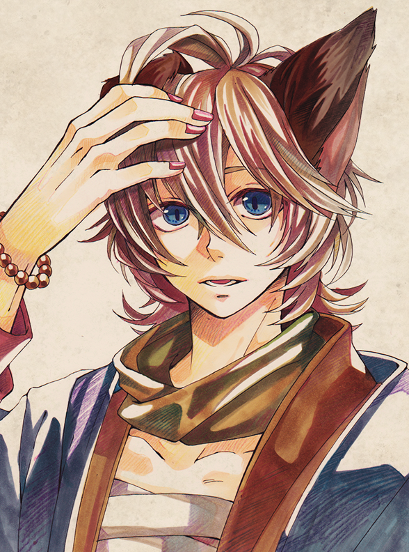 animal_ears bad_id bad_pixiv_id bandages blonde_hair blue_eyes bracelet ear_pull fox_ears hand_on_own_head jewelry looking_at_viewer marker_(medium) nail_polish open_clothes open_mouth open_shirt original pink_nails scarf shirt short_hair solo traditional_media yamako_(state_of_children)