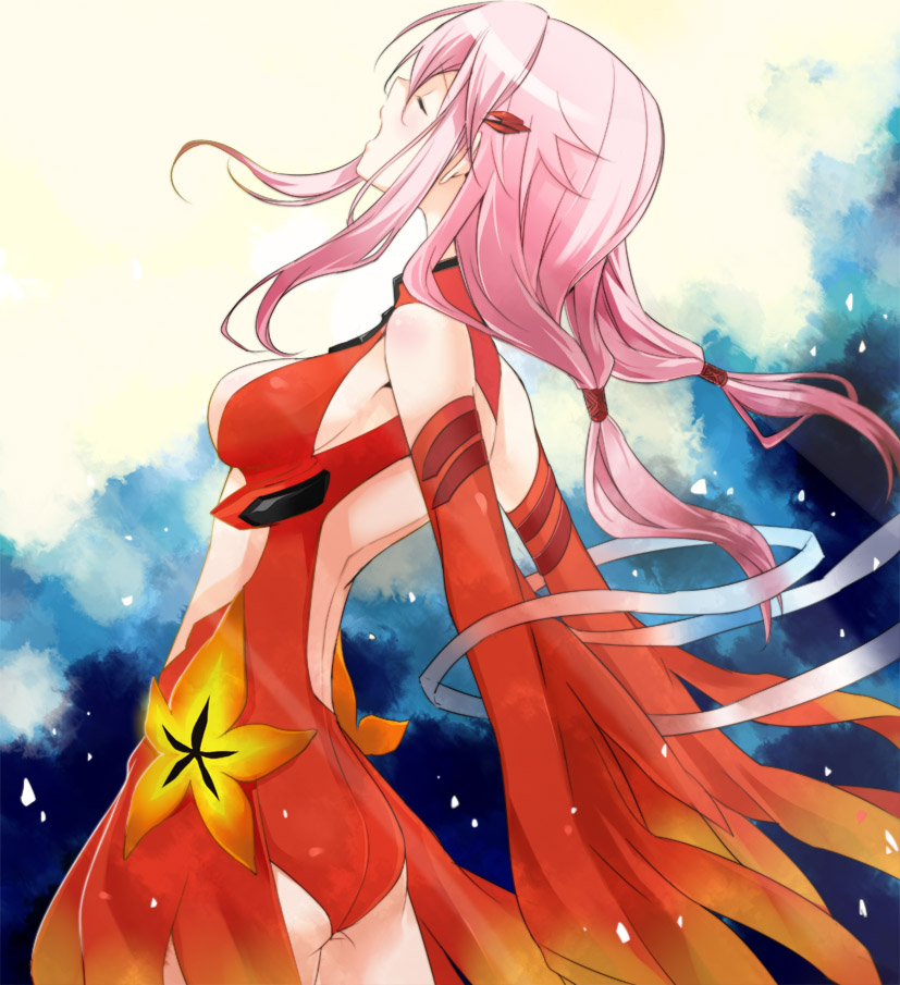 ass backless_outfit bad_id bad_pixiv_id bodysuit breasts center_opening closed_eyes detached_sleeves from_behind guilty_crown hair_ornament hairclip kinopiyopiyo leotard long_hair medium_breasts music pink_hair red_leotard singing solo twintails yuzuriha_inori