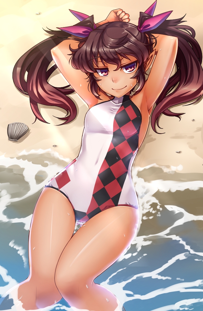 armpits arms_up beach bow brown_hair hair_bow hair_ribbon himekaidou_hatate long_hair looking_at_viewer lying on_back one-piece_swimsuit outdoors pointy_ears red_eyes ribbon smile solo swimsuit taketora_suzume tan touhou twintails water wet