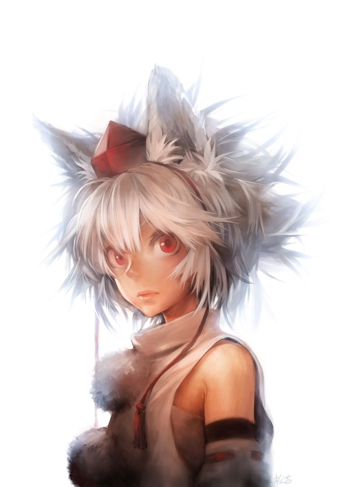 animal_ears bare_shoulders detached_sleeves face hat inubashiri_momiji lips looking_at_viewer matsuda_(matsukichi) messy_hair red_eyes short_hair silver_hair simple_background solo tail tokin_hat touhou upper_body white_background white_hair wolf_ears