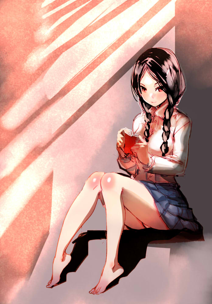 bare_legs barefoot black_hair book bow_(bhp) braid feet hair_over_shoulder long_hair original panties pantyshot pantyshot_(sitting) reading red_eyes school_uniform sitting skirt solo twin_braids underwear