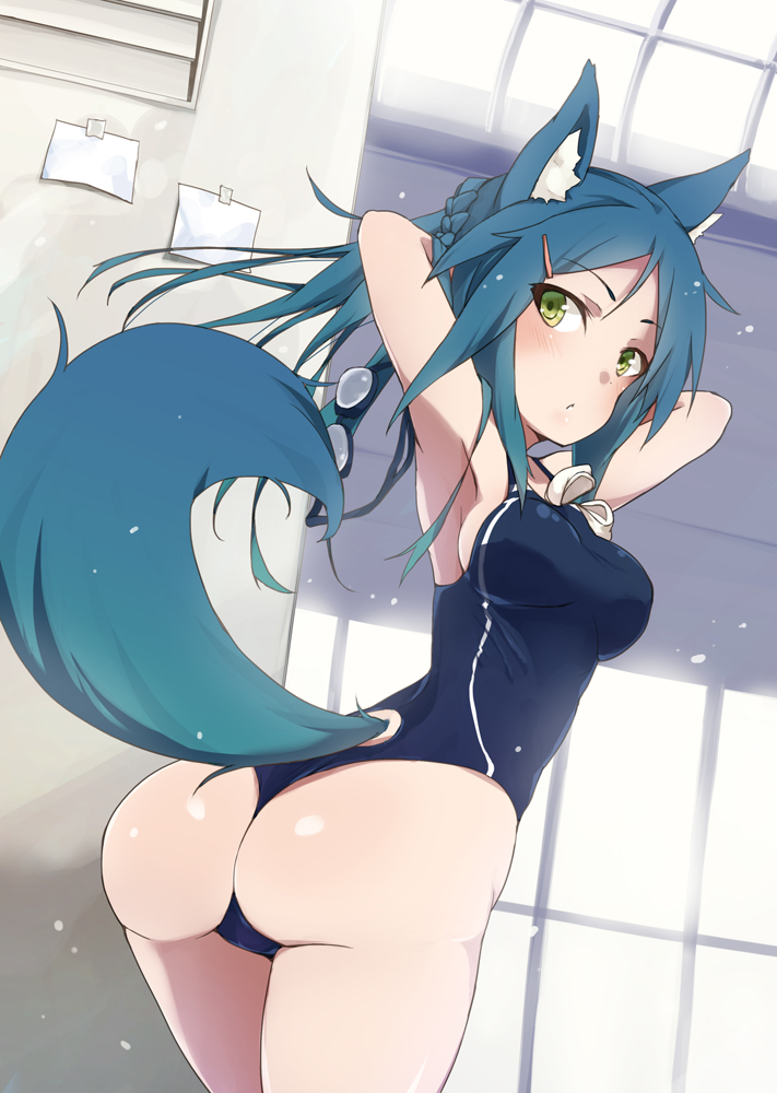 animal_ears armpits arms_behind_head arms_up ass bad_anatomy blue_hair blush breasts dog_ears from_behind goggles green_eyes long_hair looking_back maze_(gochama_ze_gohan) medium_breasts one-piece_swimsuit one-piece_thong original swimsuit tail