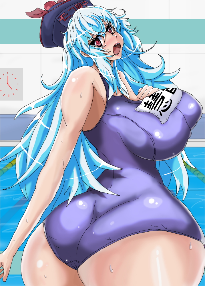 1girl ass blue_hair breasts curvy female from_behind hat huge_ass huge_breasts kamishirasawa_keine long_hair looking_back one-piece_swimsuit open_mouth pool red_eyes solo standing swimsuit touhou ura urx_ura water wide_hips