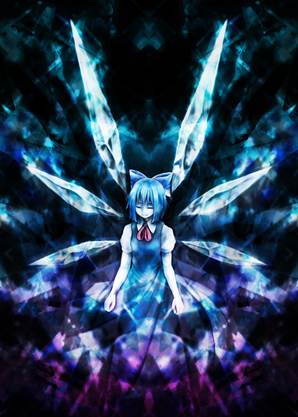 blue_hair cirno closed_eyes detached_wings highres ice ice_wings michioplas puffy_sleeves short_hair short_sleeves smile solo touhou wings