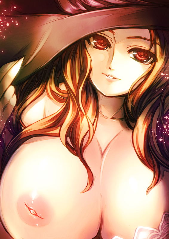 bad_id bad_pixiv_id breasts brown_hair dragon's_crown hat inverted_nipples large_breasts long_hair looking_at_viewer mini_koala nipples nude solo sorceress_(dragon's_crown) upper_body