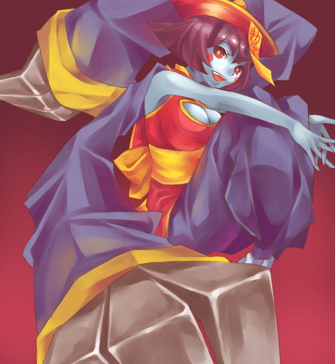 bare_shoulders blue_skin blush_stickers breasts chinese_clothes claw_(weapon) cleavage_cutout cosmosmo05 flipped_hair hat jiangshi large_breasts lei_lei ofuda open_mouth purple_hair red_eyes short_hair smile solo vampire_(game) weapon
