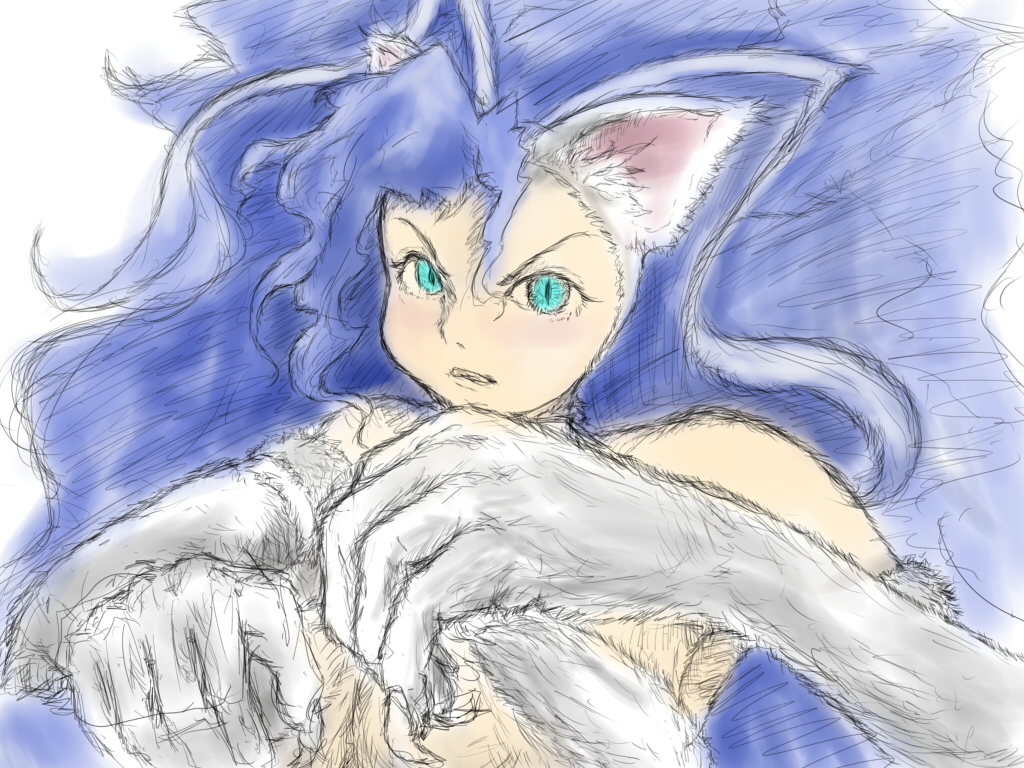 ahoge animal_ears bad_id bad_pixiv_id big_hair blue_hair cat_ears cat_tail claws corydoras felicia fur green_eyes paws sketch slit_pupils solo tail vampire_(game)