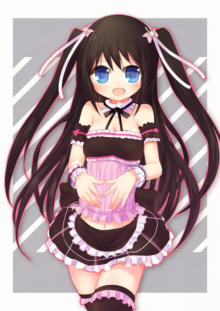 :d bare_shoulders black_hair blue_eyes blush borrowed_character collar denpa_(kazuharu) hair_ribbon ico_(green_bullet) long_hair midriff navel open_mouth original ribbon skirt smile solo thighhighs two_side_up very_long_hair wrist_cuffs zettai_ryouiki