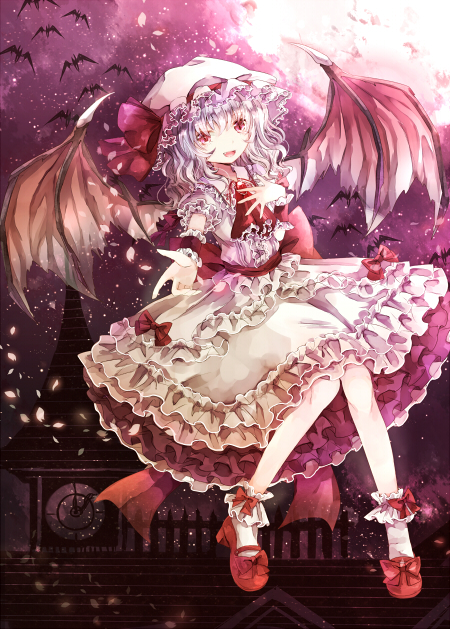ankle_cuffs ascot bad_id bad_pixiv_id bat bat_wings bow brooch clock clock_tower fang frills hand_on_own_chest hat hat_ribbon jaku_sono jewelry moon night open_mouth outstretched_arm outstretched_hand petals pink_eyes purple_hair remilia_scarlet ribbon sash shirt short_hair short_sleeves skirt skirt_set sky slit_pupils smile solo touhou tower wings wrist_cuffs