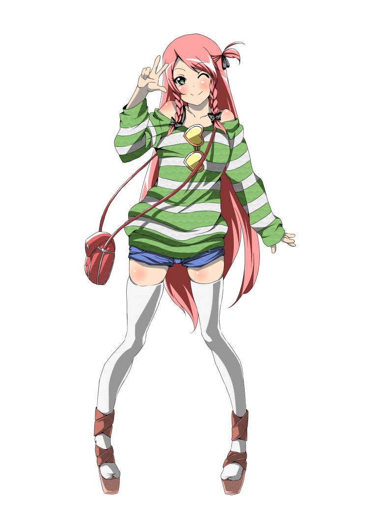 alternate_costume alternate_hairstyle bag braid collarbone contemporary green_eyes heart hong_meiling long_hair long_sleeves naodx off_shoulder one_eye_closed red_hair short_shorts shorts side_ponytail smile solo standing thighhighs touhou twin_braids white_legwear