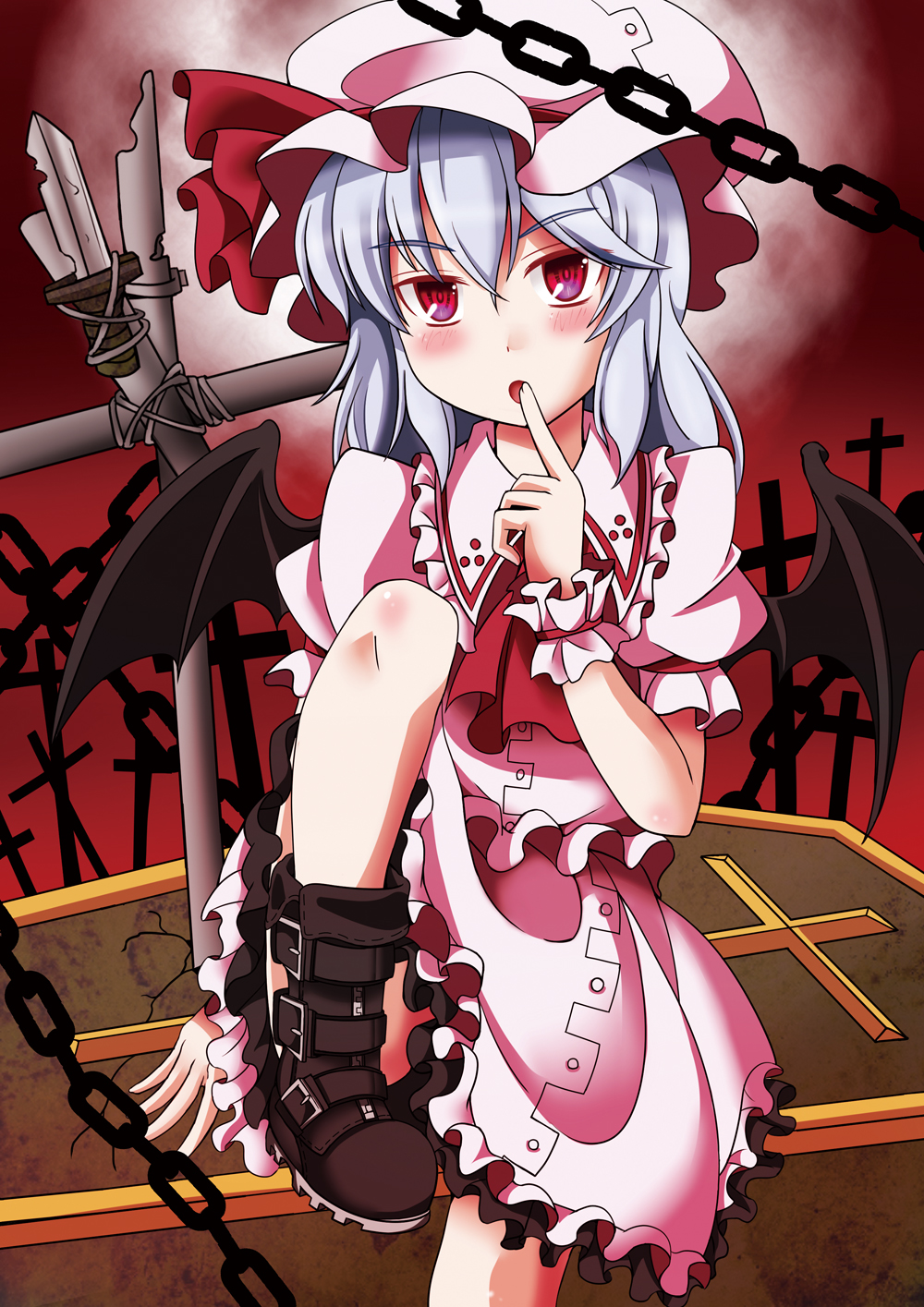 ascot bat_wings blue_hair blush boots chain cross finger_to_mouth hat highres knife leg_up open_mouth puffy_sleeves remilia_scarlet short_hair short_sleeves sitting solo touhou wings youka_(gensou_kyoudan)