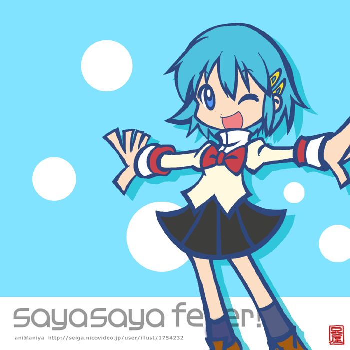 ;d ani_(aniya) blue_background blue_eyes blue_hair blue_legwear bow bowtie hair_ornament hairpin kneehighs loafers looking_at_viewer mahou_shoujo_madoka_magica miki_sayaka one_eye_closed open_mouth outstretched_arms parody puyopuyo puyopuyo_fever red_bow red_neckwear ribbon school_uniform shoes short_hair skirt smile socks solo standing style_parody