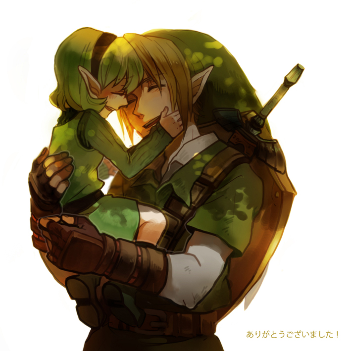 1girl bad_id bad_pixiv_id blonde_hair carrying gloves green_hair hairband hat link pointy_ears saria shield size_difference smile sword takagi_(0takagi0) the_legend_of_zelda the_legend_of_zelda:_ocarina_of_time weapon