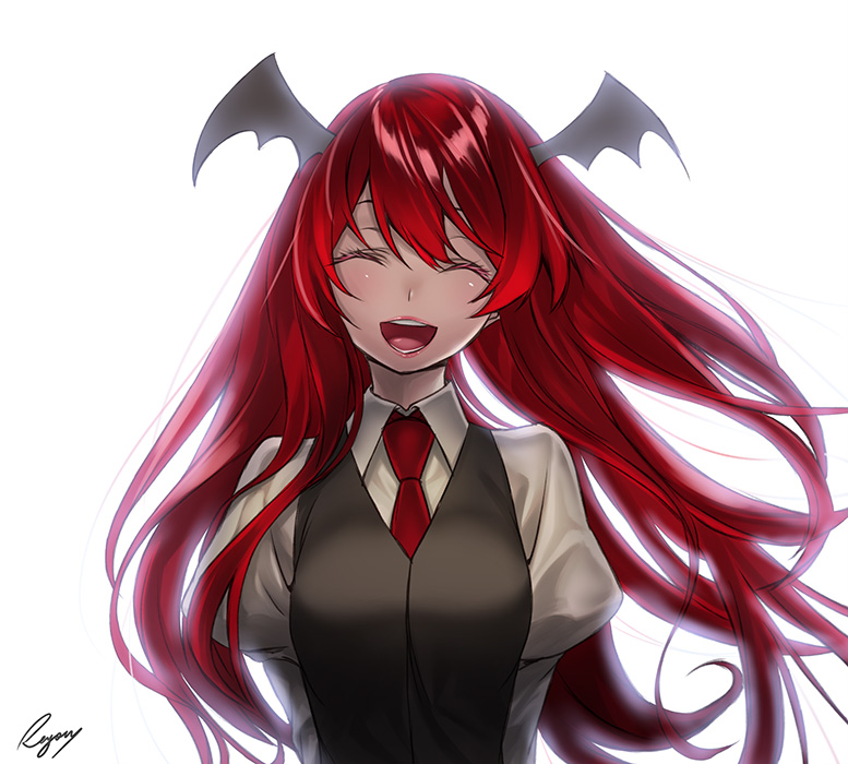 :d ^_^ bad_id bad_pixiv_id bat_wings blush closed_eyes colored_eyelashes dress_shirt eyelashes head_wings koakuma kyon_(fuuran) lips lipstick long_hair long_sleeves makeup necktie open_mouth puffy_sleeves red_hair red_neckwear shirt signature simple_background smile solo touhou upper_body vest white_background white_shirt wings