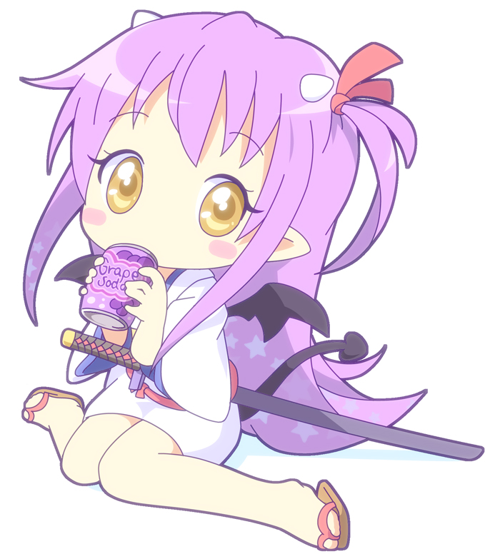 blush_stickers can chibi colored_shadow demon_tail demon_wings grape_soda hair_ornament hair_ribbon horns japanese_clothes kimono long_hair looking_at_viewer mirai_(sugar) pointy_ears purple_hair ribbon sandals sengoku_collection shadow side_ponytail simple_background sitting soda_can solo sword tail tsukahara_bokuden_(sengoku_collection) wariza weapon white_background wings yellow_eyes