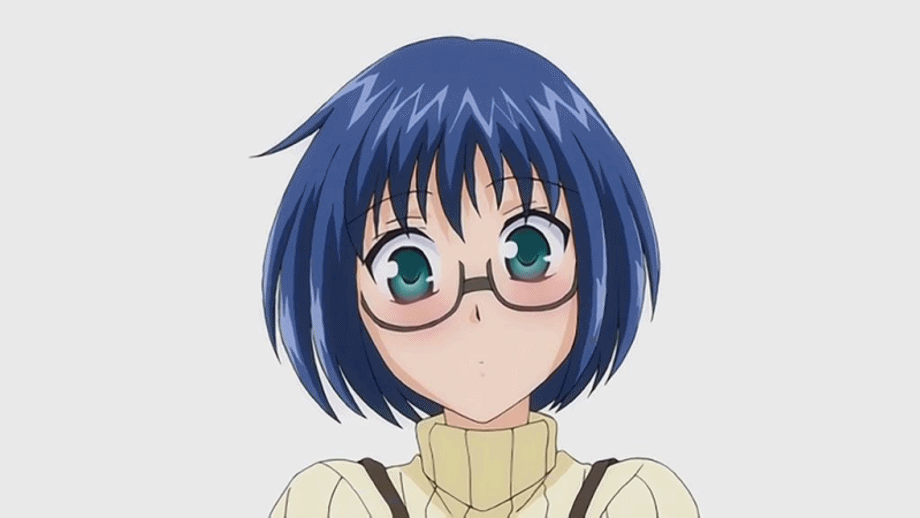 ... 1girl animated animated_gif blue_hair blush bob_cut bust_to_bust female glasses green_eyes looking_at_viewer short_hair simple_background solo