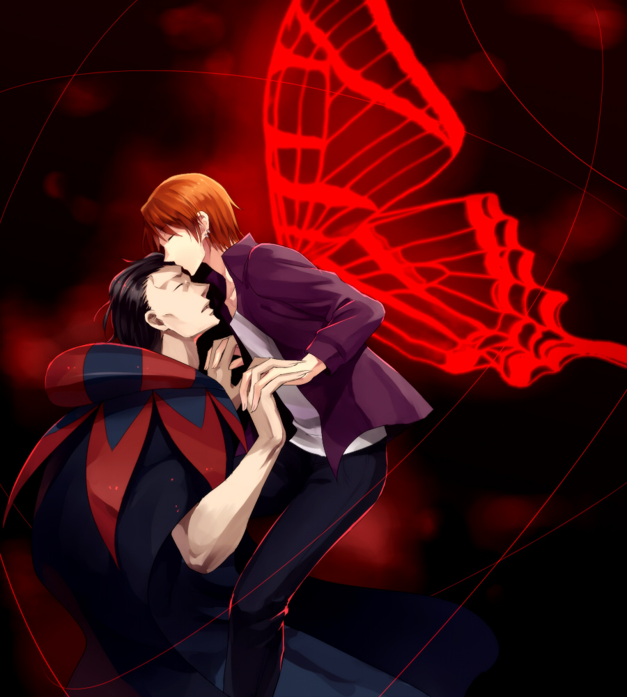 asurafkmt black_hair butterfly_wings caster_(fate/zero) closed_eyes fate/zero fate_(series) forehead_kiss jacket kiss male_focus multiple_boys orange_hair purple_jacket uryuu_ryuunosuke wings