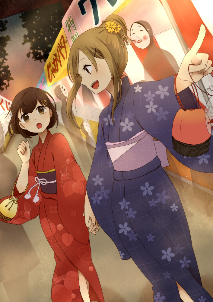:o bad_id bad_pixiv_id blonde_hair brown_eyes brown_hair festival hair_ornament hairclip holding_hands japanese_clothes kimono multiple_girls open_mouth original outstretched_arm pointing short_hair smile