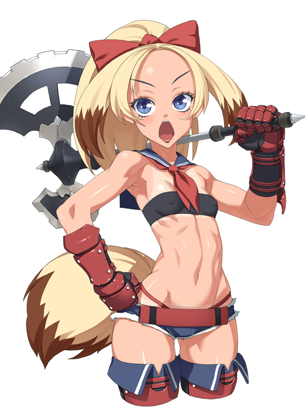 axe bare_shoulders blonde_hair blue_eyes boots bow breasts covered_nipples cropped_legs fana_avril forehead gauntlets hair_bow hand_on_hip junketsu_duelion midriff official_art open_mouth over_shoulder panties ponytail sailor_collar short_shorts shorts simple_background small_breasts solo strapless tail takoyaki_neko-san tan tanline thigh_boots thighhighs thong toned tongue tubetop underwear weapon weapon_over_shoulder white_background