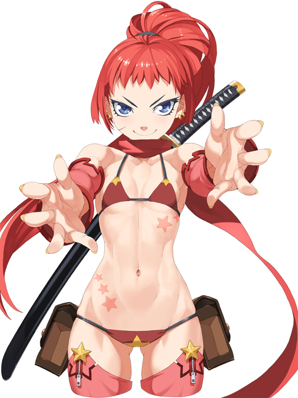 bikini blue_eyes come_hither cropped_legs flat_chest foreshortening junketsu_duelion lissa_augusta looking_at_viewer naughty_face navel official_art outstretched_arms outstretched_hand ponytail red_hair red_scarf scarf simple_background smile solo swimsuit sword takoyaki_neko-san toned weapon white_background