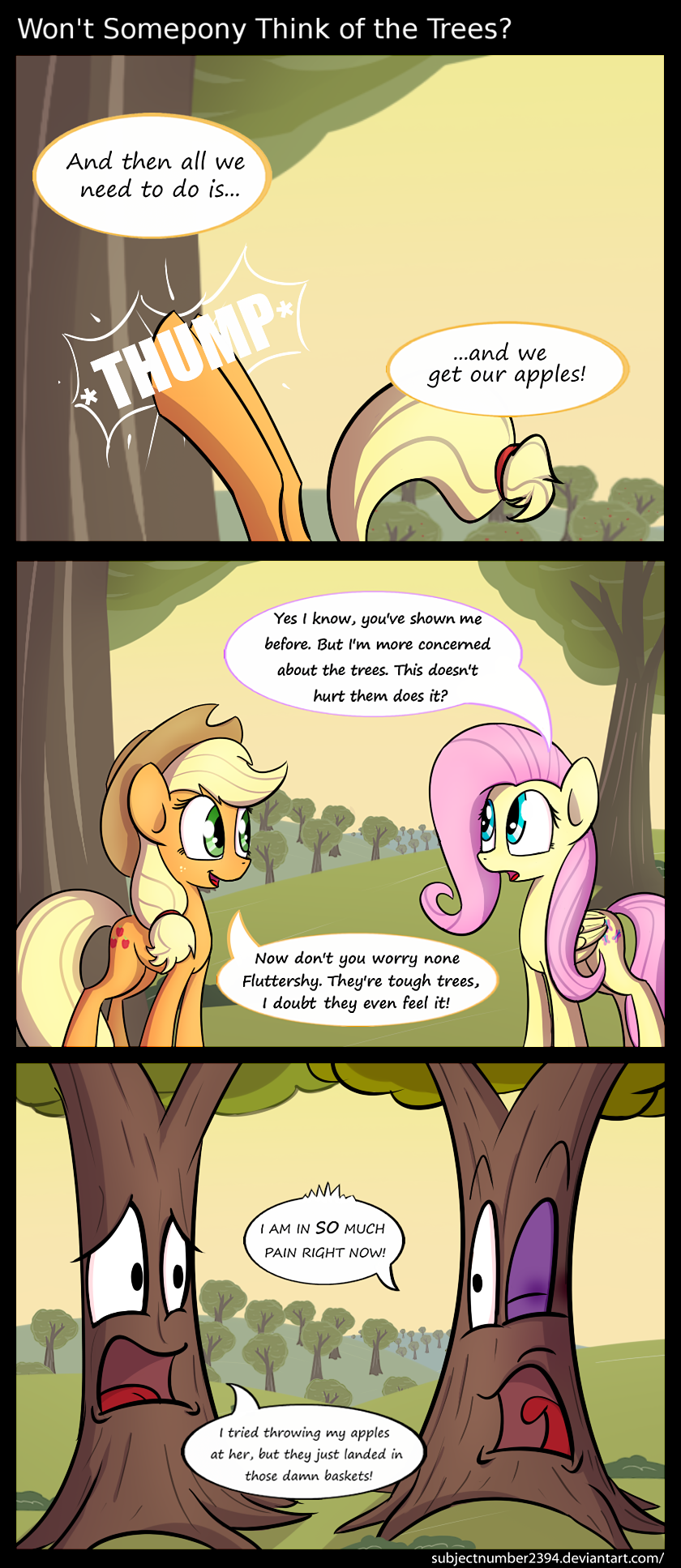 anbiguous_gender applejack_(mlp) blonde_hair blue_eyes bruise bruse comic cowboy_hat cutie_mark dialog dialogue english_text equine female feral fluttershy_(mlp) freckles friendship_is_magic green_eyes hair hat horse mammal my_little_pony outside pegasus pony subjectnumber2394 text tree wings wood