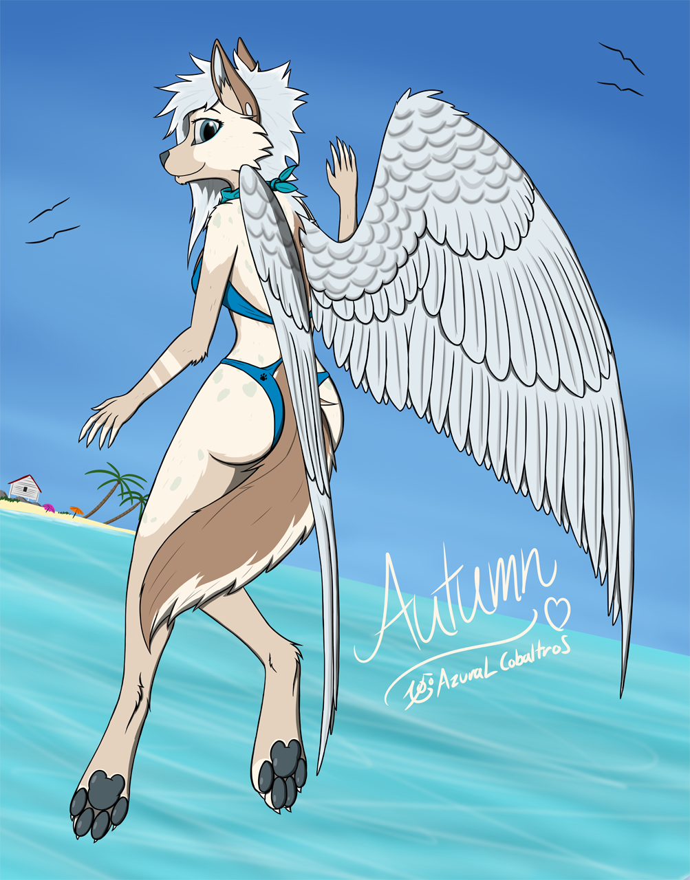 4_toes ambient_bird ambiguous_gender anthro autumn_(winged_wolf) avian azural_cobaltros barefoot beach bird canine clothed clothing female female_focus group hindpaw mammal pawpads paws seaside smile solo_focus toes water wings wolf