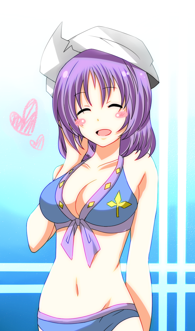 ^_^ arm_behind_back bad_id bad_pixiv_id bikini blush_stickers breasts cleavage closed_eyes front-tie_top hat heart kyuuri_ryou large_breasts lavender_hair letty_whiterock navel short_hair solo swimsuit touhou