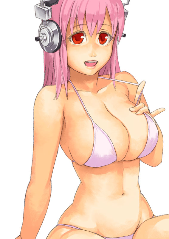 :d bikini breasts cleavage halterneck headphones large_breasts looking_at_viewer navel nitroplus open_mouth pink_hair red_eyes simple_background skindentation smile solo strap_lift super_sonico swimsuit white_background yuuji_(and)