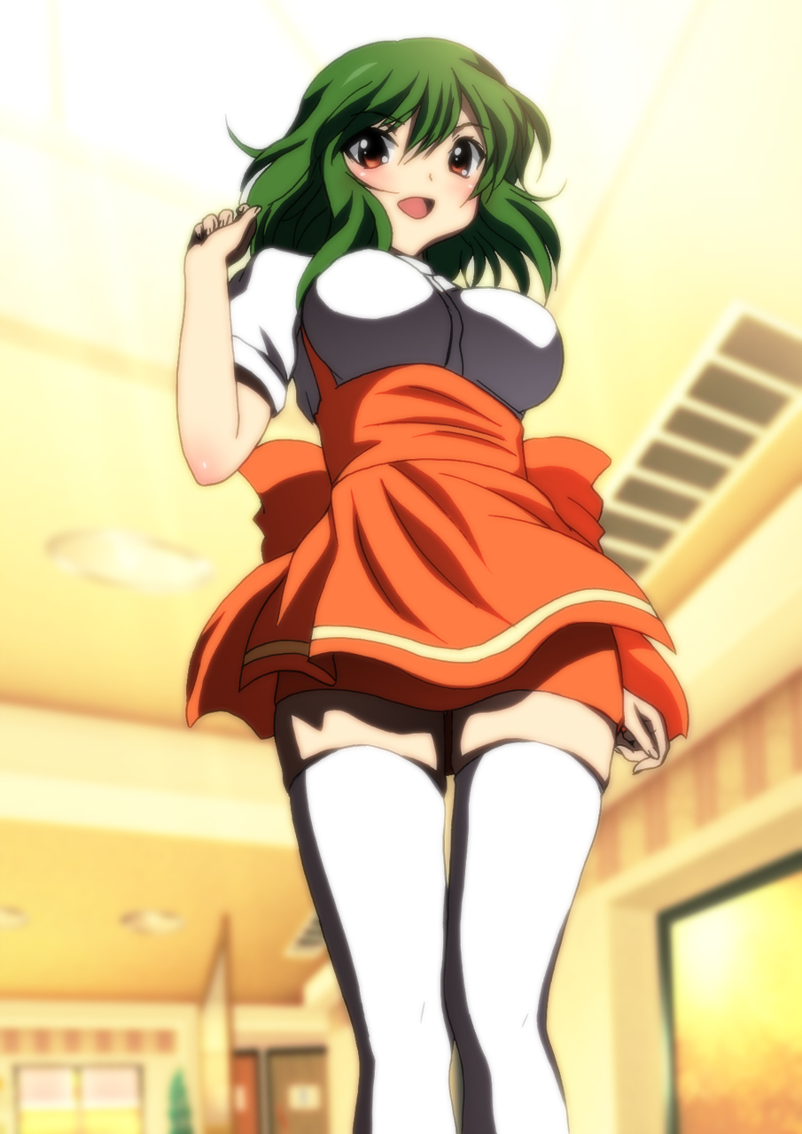anna_miller blush breasts cosplay female green_hair highres kazami_yuuka short_hair socks touhou uniform waitress yadokari_genpachirou