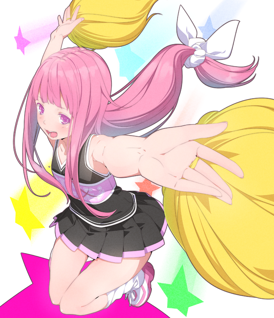 :d ama_mitsuki blush brown_hair cheerleader foreshortening hands long_hair loose_socks low-tied_long_hair open_mouth original outstretched_arms outstretched_hand pink_eyes pink_hair pleated_skirt pom_poms skirt smile socks solo star