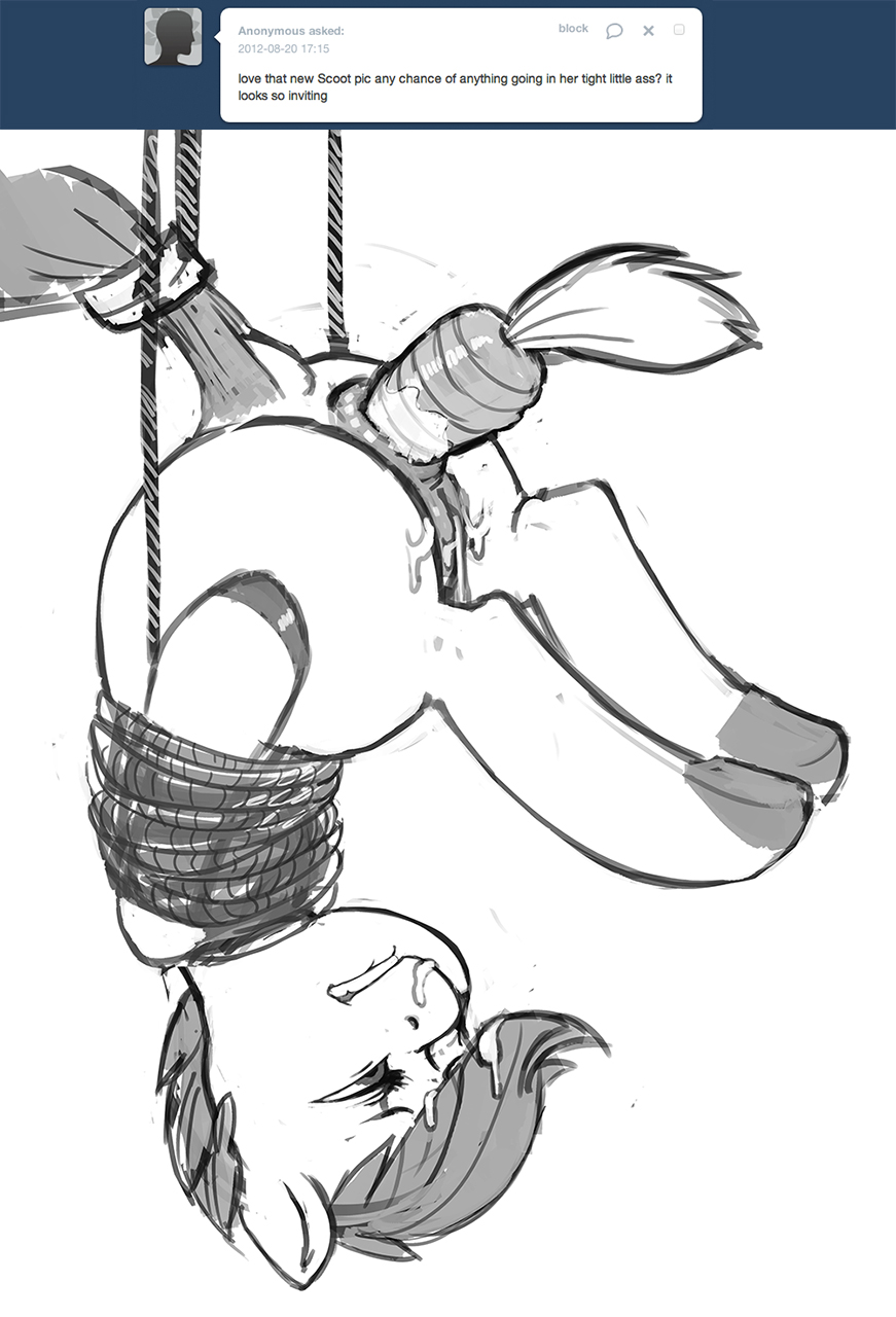 bdsm bondage bound butt carrot carrot_dildo cub cum equine female feral food_play friendship_is_magic hooves horse improvised_dildo insertion kevinsano mammal my_little_pony pegasus penetration penis pony pussy scootaloo_(mlp) solo vaginal vaginal_penetration wings young