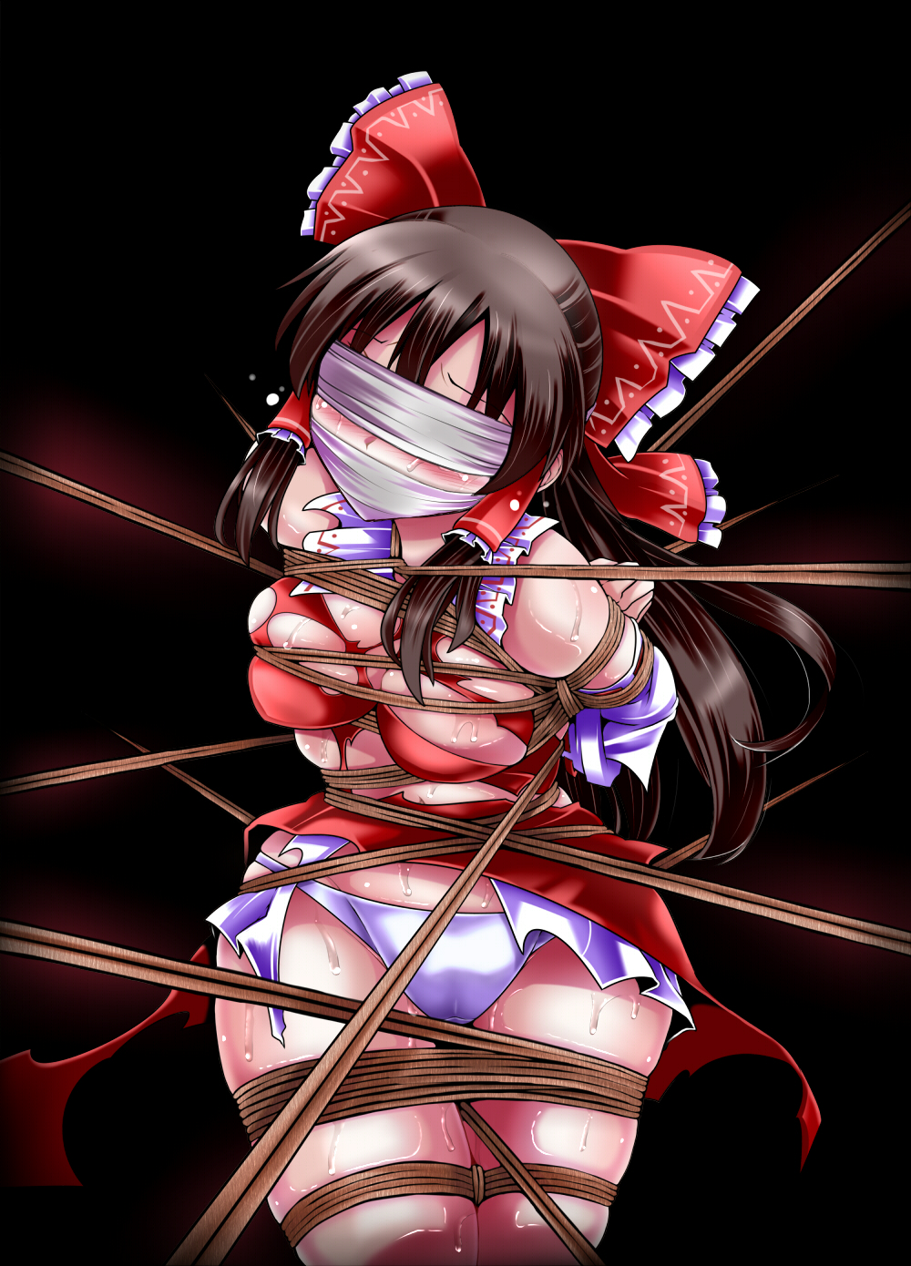 bare_shoulders bdsm black_background blindfold bondage bound bow brown_hair detached_sleeves gag gagged hair_bow hair_tubes hakurei_reimu highres lilish long_hair panties rope simple_background solo sweat tears torn_clothes touhou underwear white_panties