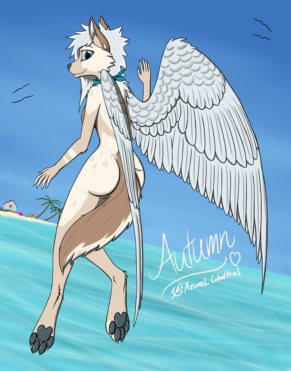 4_toes anthro autumn_(winged_wolf) azural_cobaltros barefoot beach canine hindpaw mammal nude pawpads paws seaside smile toes water wings wolf