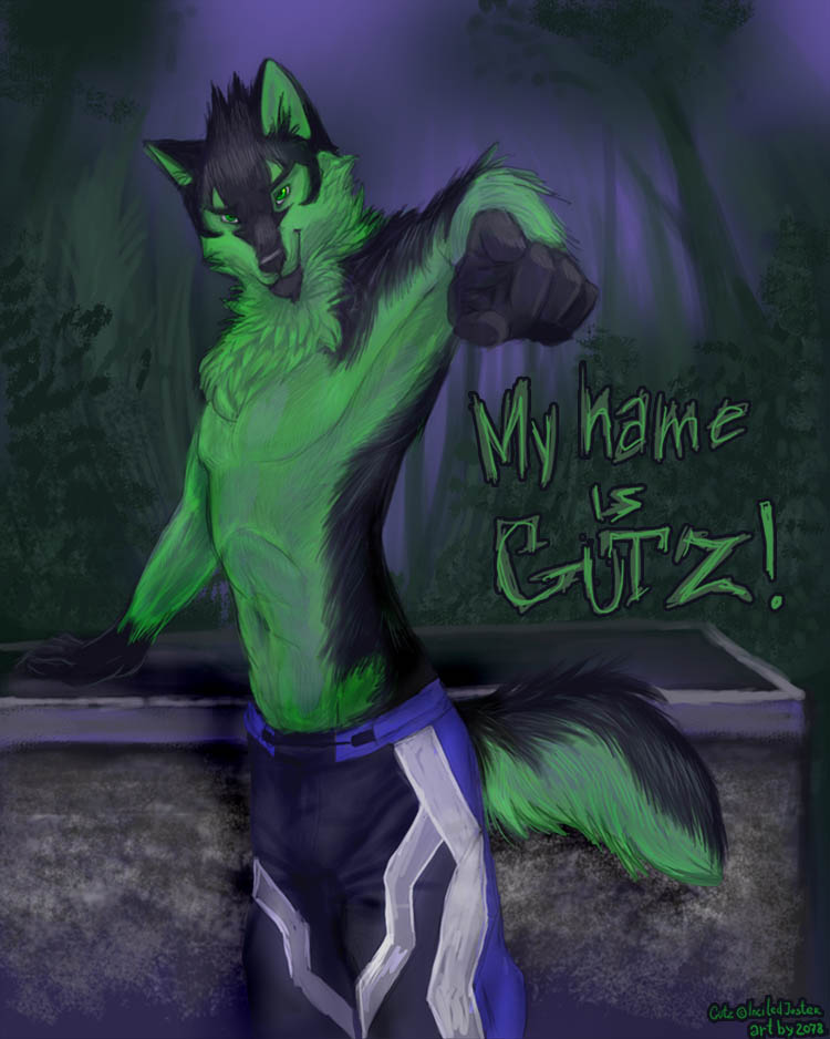 canine clothed clothing english_text forest green_eyes gutz half-dressed invalid_color koul male mammal night outside pointing solo text topless tree wolf wood