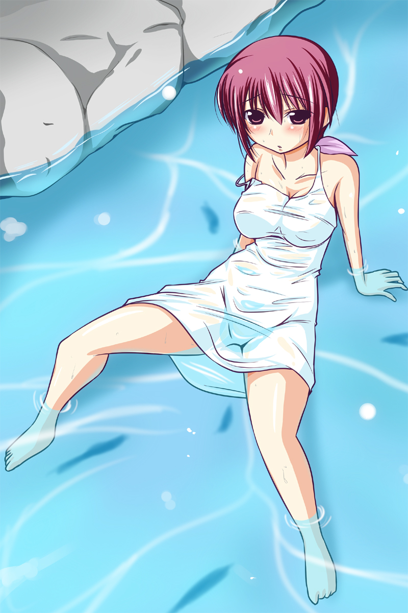 arm_support bare_legs bare_shoulders barefoot blush hair_ribbon highres hoshizora_ikuyo leaning_back nishi_koutarou off_shoulder partially_submerged precure red_eyes red_hair ribbon river shiny shiny_skin shirt skirt smile_precure! solo strap_slip taut_clothes taut_shirt water wet wet_clothes white_skirt