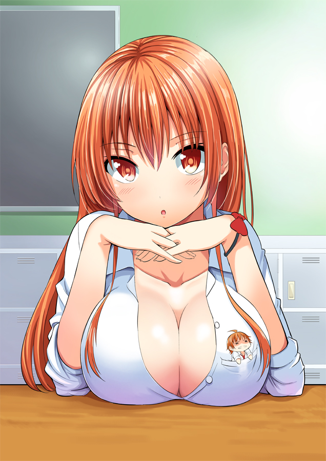 1girl :o attsun_(atsushi_jb) blush breast_rest breasts cleavage hands_clasped itou_kaede large_breasts long_hair looking_at_viewer miniboy official_art open_mouth own_hands_together red_eyes red_hair ribbon satou_yuusuke seifuku! sleeves_pushed_up table wrist_ribbon