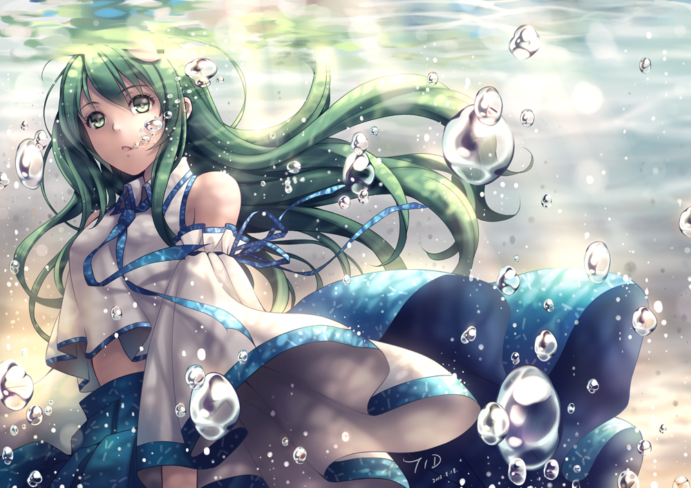 air_bubble arm_ribbon bubble bubble_blowing detached_sleeves frog_hair_ornament green_eyes green_hair hair_ornament kochiya_sanae long_hair long_sleeves midriff open_mouth ribbon shirt skirt solo submerged tidsean touhou underwater water wide_sleeves