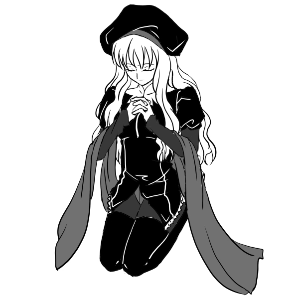 bad_id bad_pixiv_id caren_hortensia closed_eyes fate/hollow_ataraxia fate_(series) greyscale hat layered_sleeves long_hair monochrome pantyhose praying satizaki shroud_of_magdalene solo thighhighs