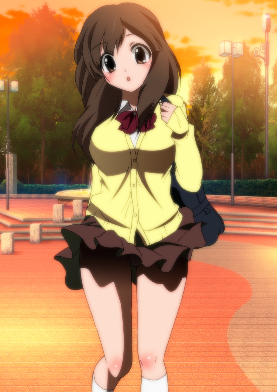 blush breasts brown_hair evening highres long_hair original park school_uniform skirt sky tree yadokari_genpachirou