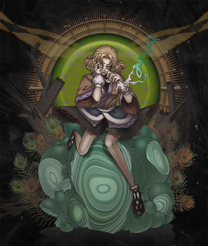 blonde_hair crazy_eyes green_eyes hoshi_nawoki mizuhashi_parsee open_mouth pointy_ears scarf short_hair short_sleeves sitting skirt solo torn_clothes touhou
