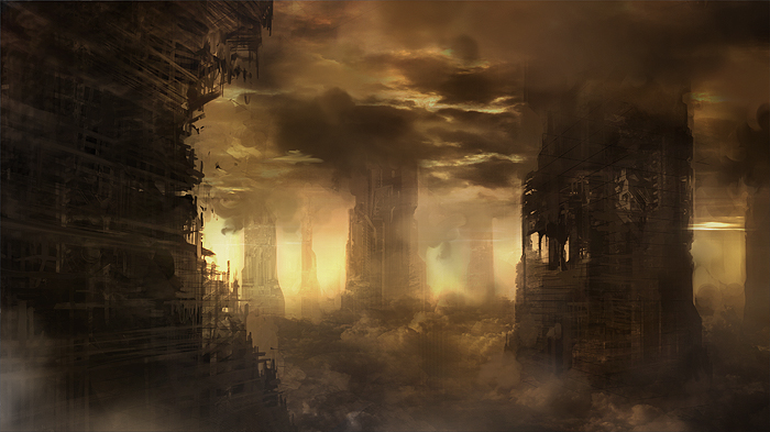 bad_pixiv_id banned_artist city cloud dust no_humans original ruins scenery seafh