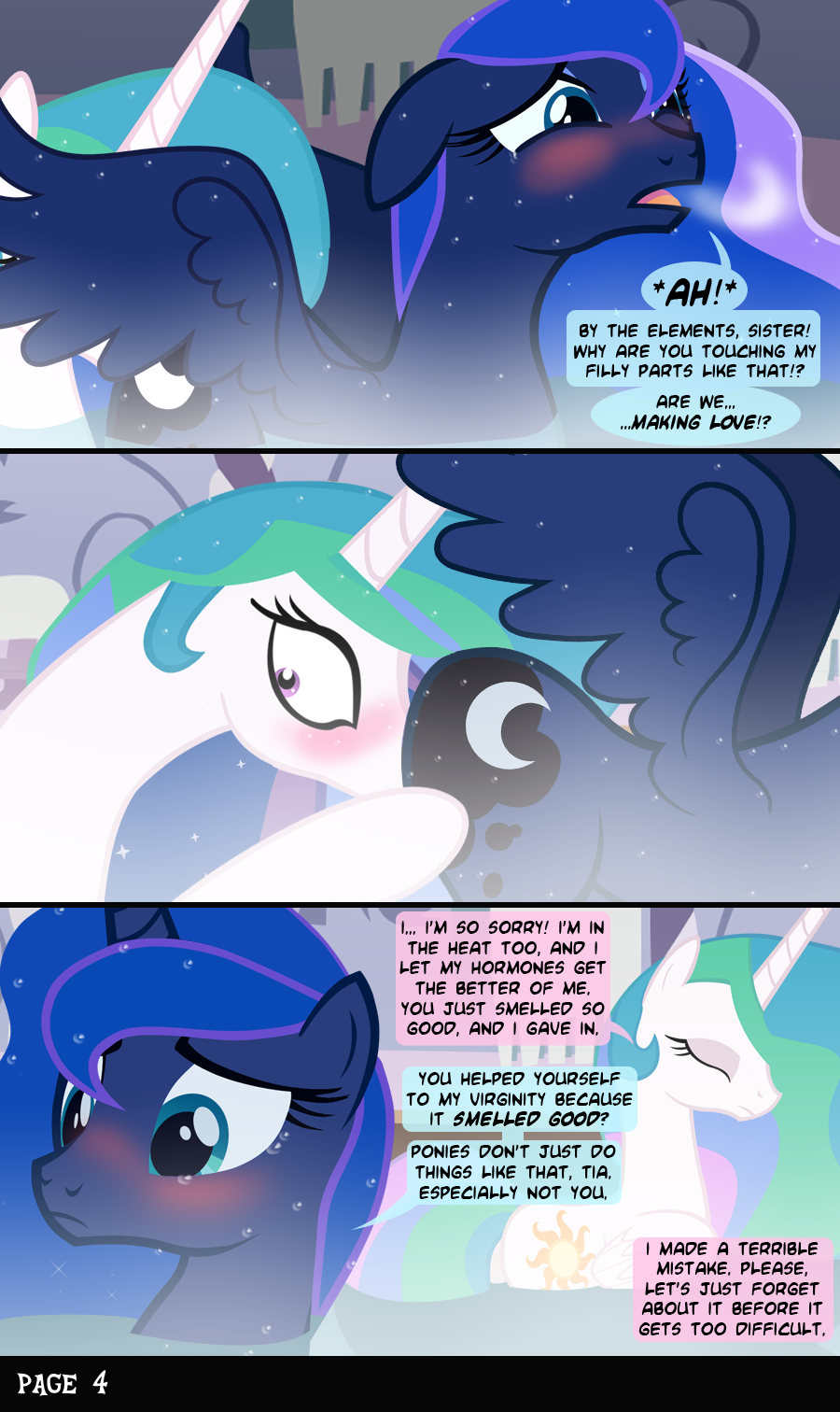 bath blush comic cunnilingus cutie_mark english_text equine female feral friendship_is_magic hair horn horse incest lesbian licking long_hair mammal multi-colored_hair my_little_pony nude oral oral_sex pony princess princess_celestia_(mlp) princess_luna_(mlp) royalty sex sibling siblings sisters text tongue vaginal water winged_unicorn wings