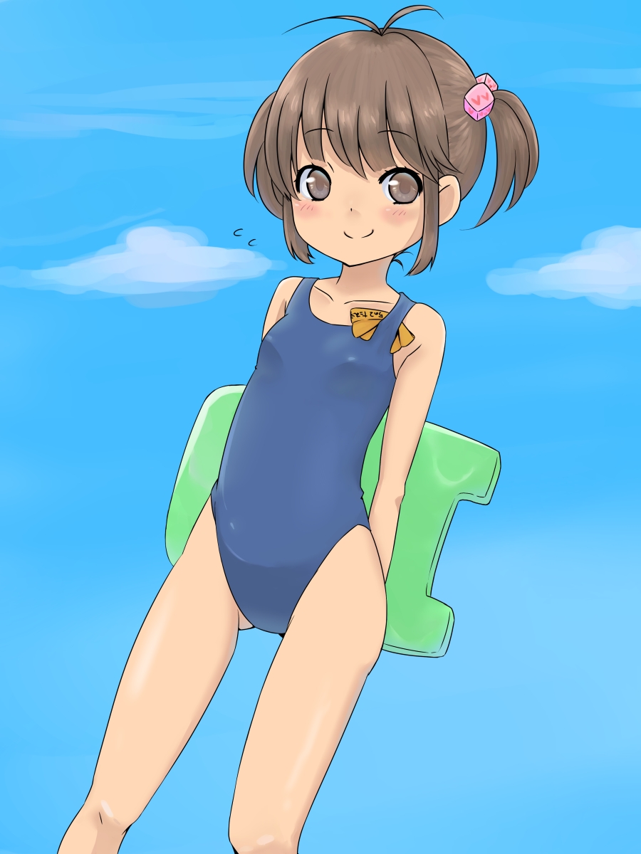 bad_id bad_pixiv_id brown_eyes brown_hair child highres kickboard one-piece_swimsuit original school_swimsuit short_hair solo swimsuit towel twintails yukita_chika_(muihodo524)